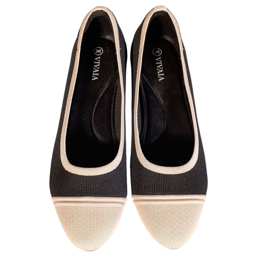 Vivaia Julie Pro Almond Toe Heels Pumps Womens 8 - 8.5 Beige Black Knit - Picture 5 of 12